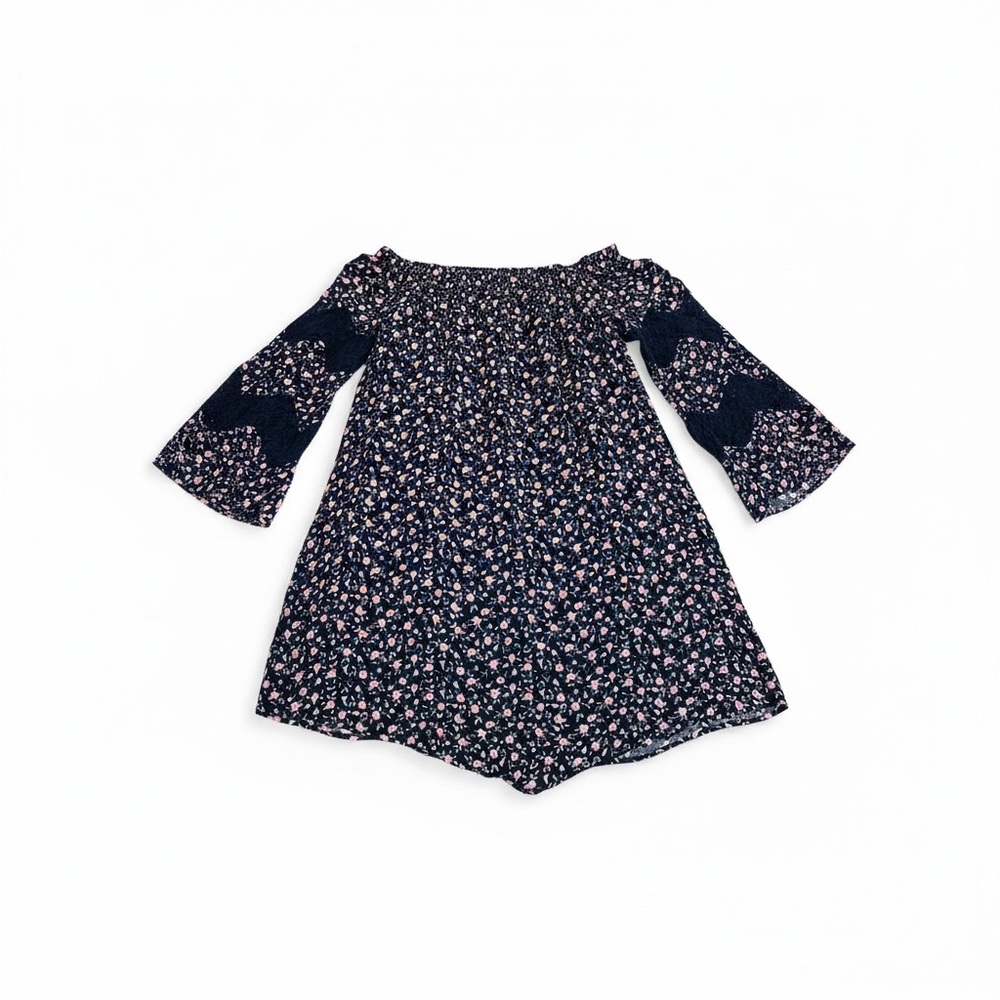 True Craft Boho Floral Off-Shoulder Dress Lace Sleeves Handkerchief Hem S, Navy